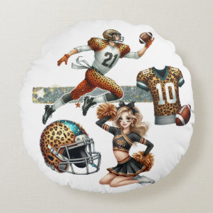 Animal Print Football Cheerleader T-Shirt Round Pillow