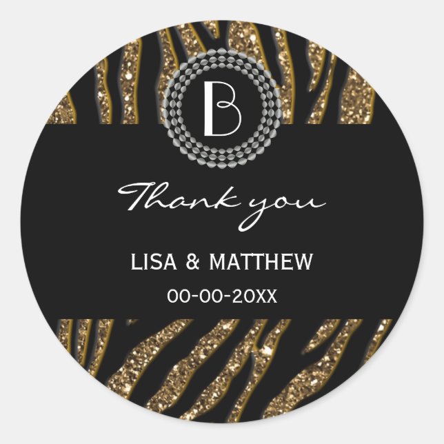 Animal Print Glitter Zebra Pattern and Monogram Classic Round Sticker (Front)