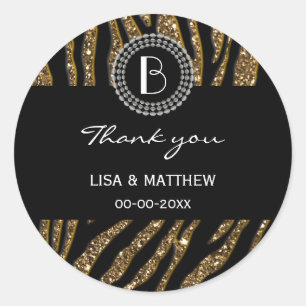 Animal Print Glitter Zebra Pattern and Monogram Classic Round Sticker