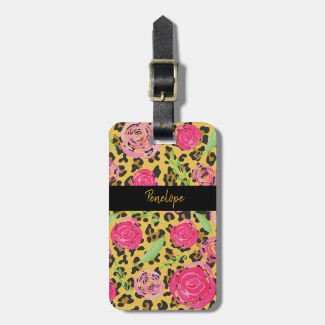 Animal Print Leopard and Floral Luggage Tag (Front Vertical)