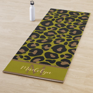 Animal print leopard olive green monogram name yoga mat