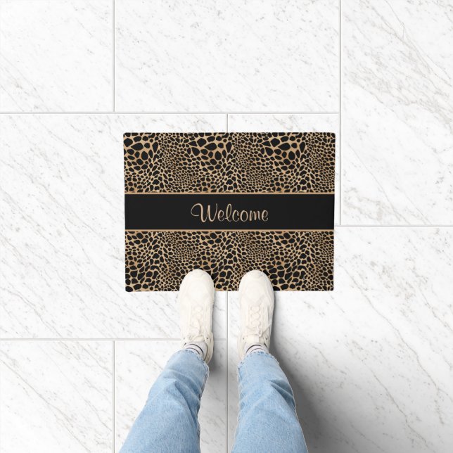 Animal Print Leopard Spots Black & Tan Custom Name Doormat (Indoor)