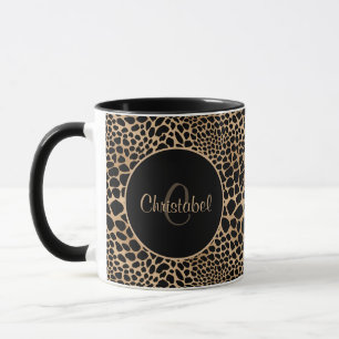 Animal Print Leopard Spots Black & Tan Custom Name Mug