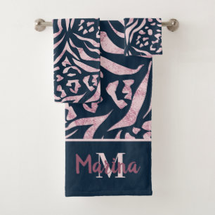 Animal print, leopard, tiger, blue, pink, skin, bath towel set