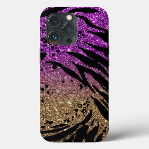 Animal Print on Purple & Gold Glitter iPhone 13 Pro Case