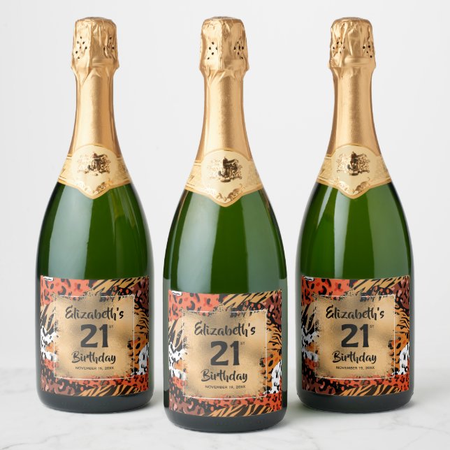 Animal Print Pattern 21st Birthday Personalized Sparkling Wine Label (Bottles)