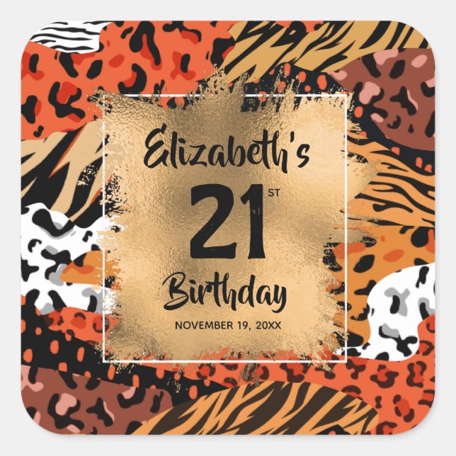 Animal Print Pattern 21st Birthday Personalized Square Sticker (Front)