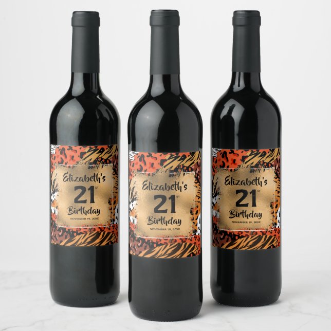 Animal Print Pattern 21st Birthday Personalized Wine Label (Bottles)