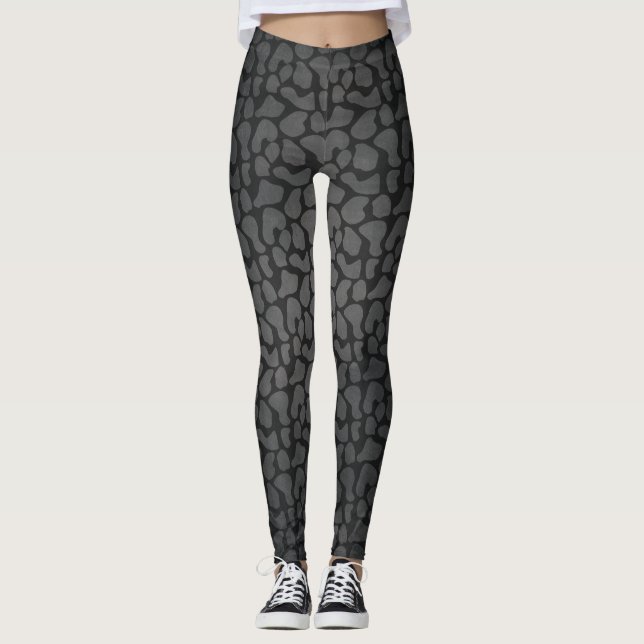 Animal Print Pattern, Grey Giraffe Spots on Black Leggings (Front)