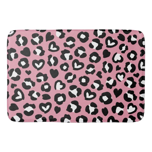 Animal Print, Pink Leopard, Cheetah Spots, Hearts Bath Mat (Front)
