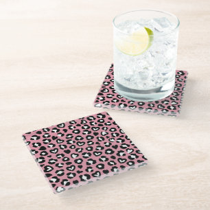 Animal Print, Pink Leopard, Cheetah Spots, Hearts Glass Coaster