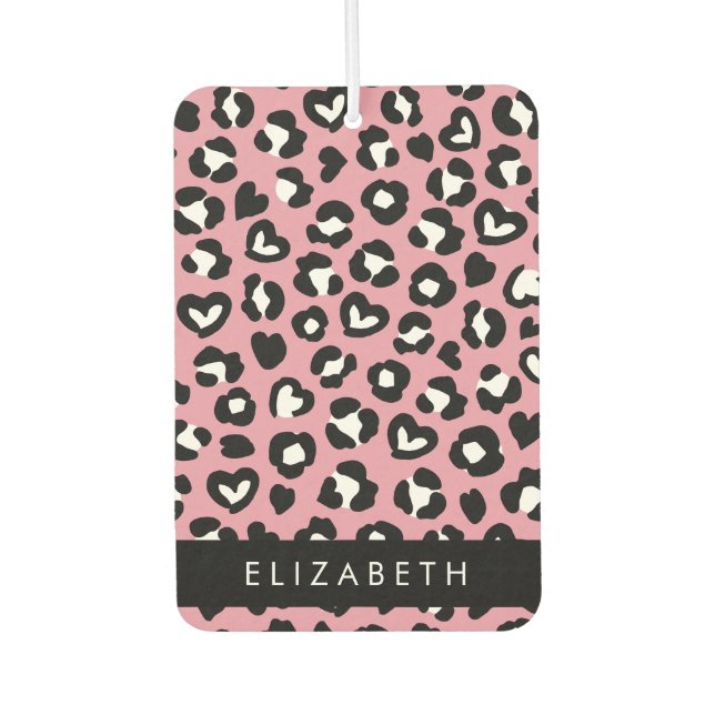 Animal Print, Pink Leopard, Hearts, Your Name Air Freshener (Front)
