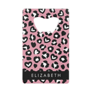 Animal Print, Pink Leopard, Hearts, Your Name Credit Card Bottle Opener