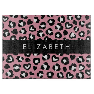 Animal Print, Pink Leopard, Hearts, Your Name Cutting Board