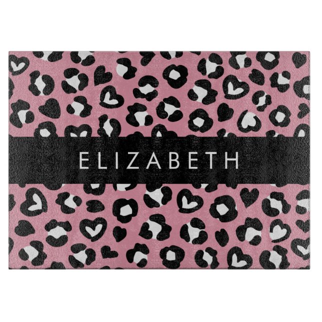 Animal Print, Pink Leopard, Hearts, Your Name Cutting Board (Front)