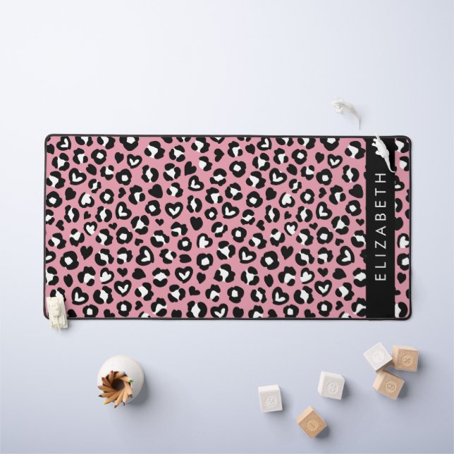 Animal Print, Pink Leopard, Hearts, Your Name Desk Mat (Kids Table)