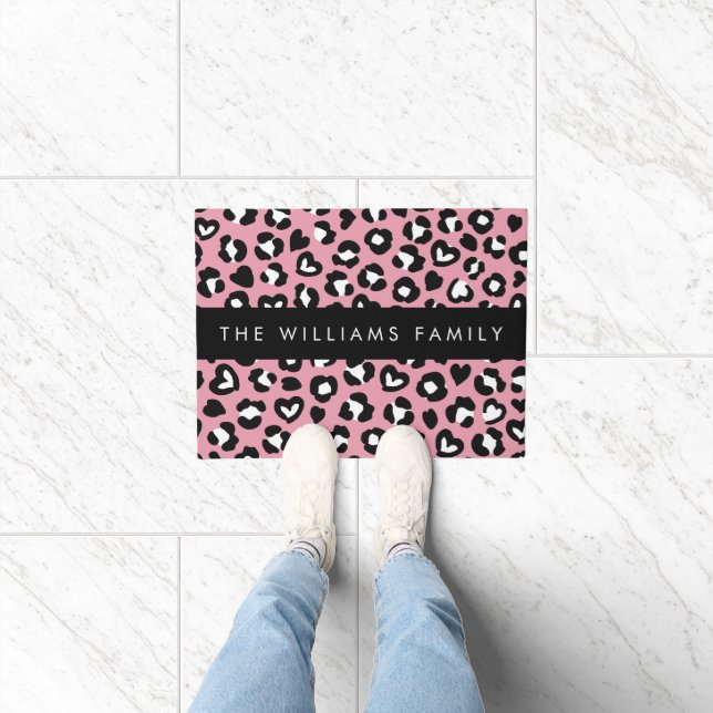 Animal Print, Pink Leopard, Hearts, Your Name Doormat (Indoor)