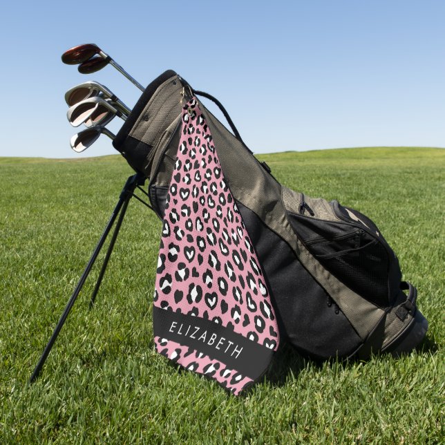 Animal Print, Pink Leopard, Hearts, Your Name Golf Towel (Green)
