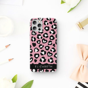 Animal Print, Pink Leopard, Hearts, Your Name iPhone 16 Case