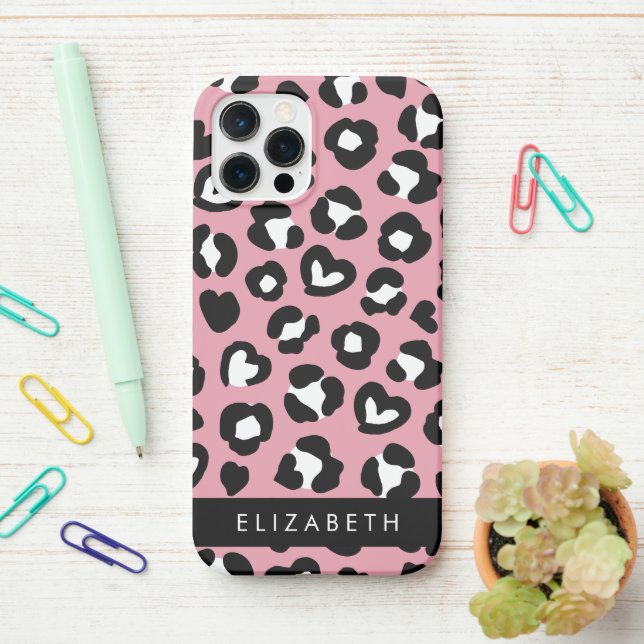 Animal Print, Pink Leopard, Hearts, Your Name iPhone Case (On Desk)