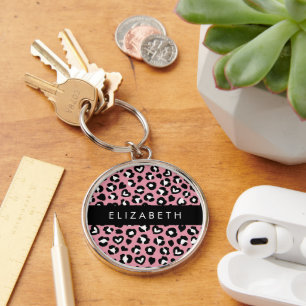 Animal Print, Pink Leopard, Hearts, Your Name Keychain