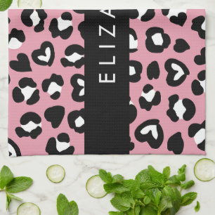 Animal Print, Pink Leopard, Hearts, Your Name Kitchen Towel
