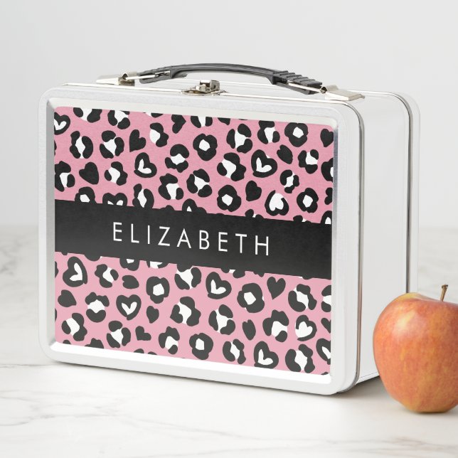 Animal Print, Pink Leopard, Hearts, Your Name Metal Lunch Box (In Situ)