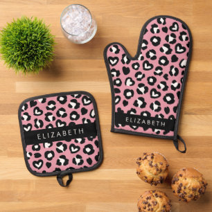 Animal Print, Pink Leopard, Hearts, Your Name Oven Mitt & Pot Holder Set