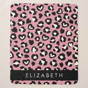 Animal Print, Pink Leopard, Hearts, Your Name Sherpa Blanket