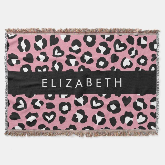 Animal Print, Pink Leopard, Hearts, Your Name Throw Blanket (Front)