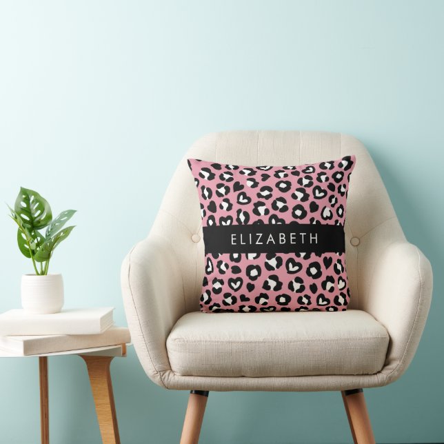 Animal Print, Pink Leopard, Hearts, Your Name Throw Pillow (Chair)