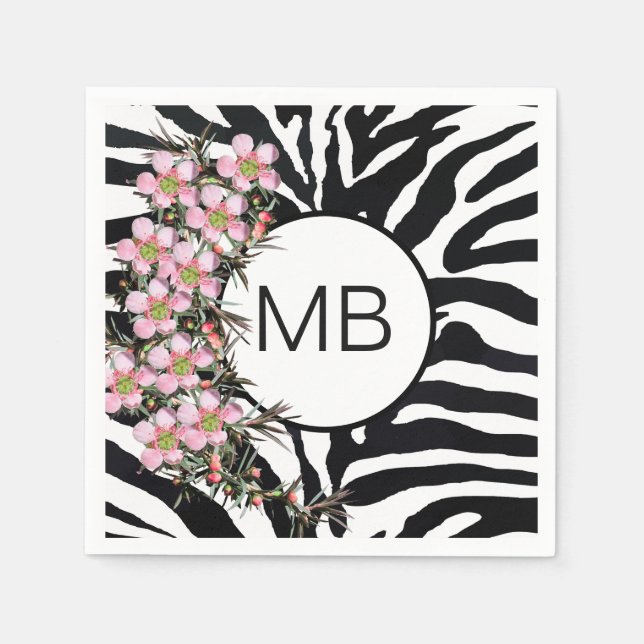 Animal Print Pink Wild Flower Monogram Black White Napkin (Front)