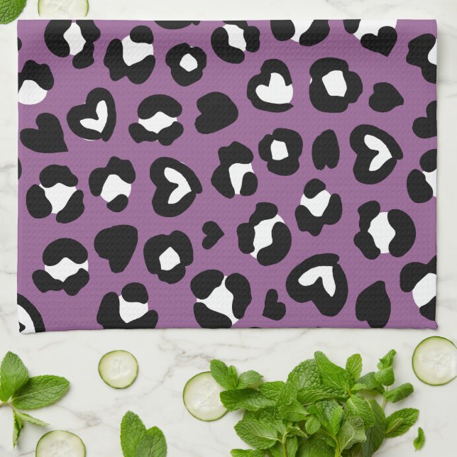 Animal Print, Purple Leopard, Cheetah Spots, Heart Kitchen Towel (Folded)