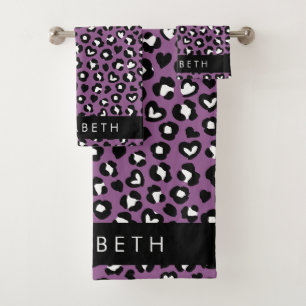 Animal Print, Purple Leopard, Hearts, Your Name Bath Towel Set