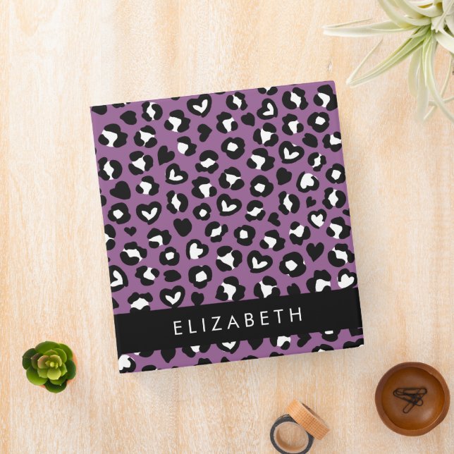 Animal Print, Purple Leopard, Hearts, Your Name Binder (In Situ)
