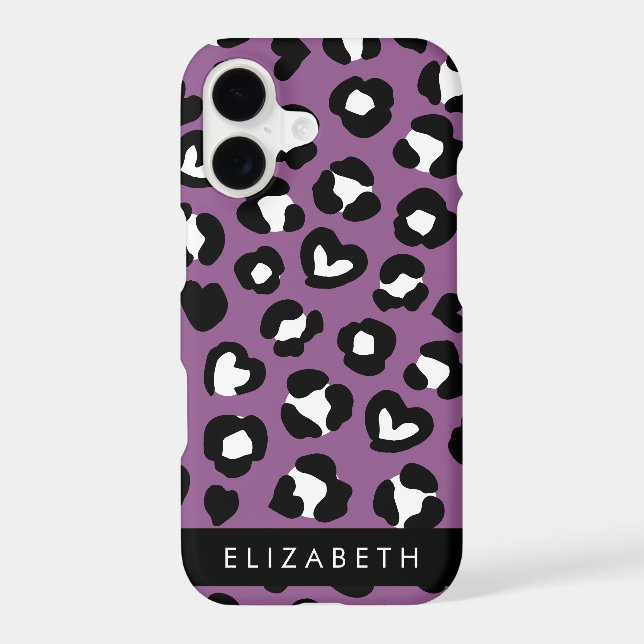 Animal Print, Purple Leopard, Hearts, Your Name iPhone Case (Back)