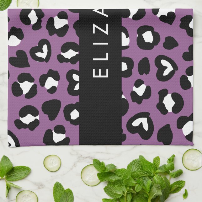 Animal Print, Purple Leopard, Hearts, Your Name Kitchen Towel (Folded)