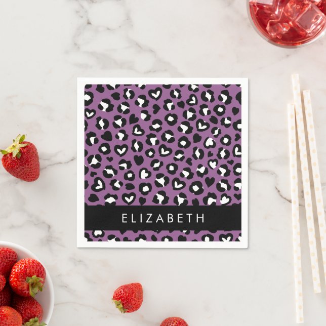 Animal Print, Purple Leopard, Hearts, Your Name Napkin (Insitu)