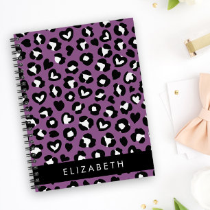 Animal Print, Purple Leopard, Hearts, Your Name Notebook