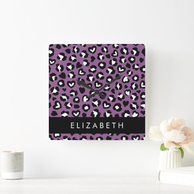 Animal Print, Purple Leopard, Hearts, Your Name Square Wall Clock (Home)