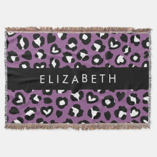 Animal Print, Purple Leopard, Hearts, Your Name Throw Blanket