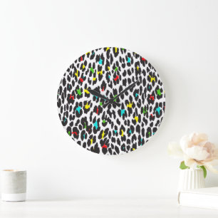 Animal Print, Spotted Leopard - Yellow Blue Green Large Clock