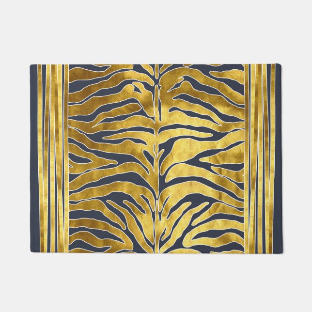 Animal print, tiger stripes in gold, blue, white doormat (Front)