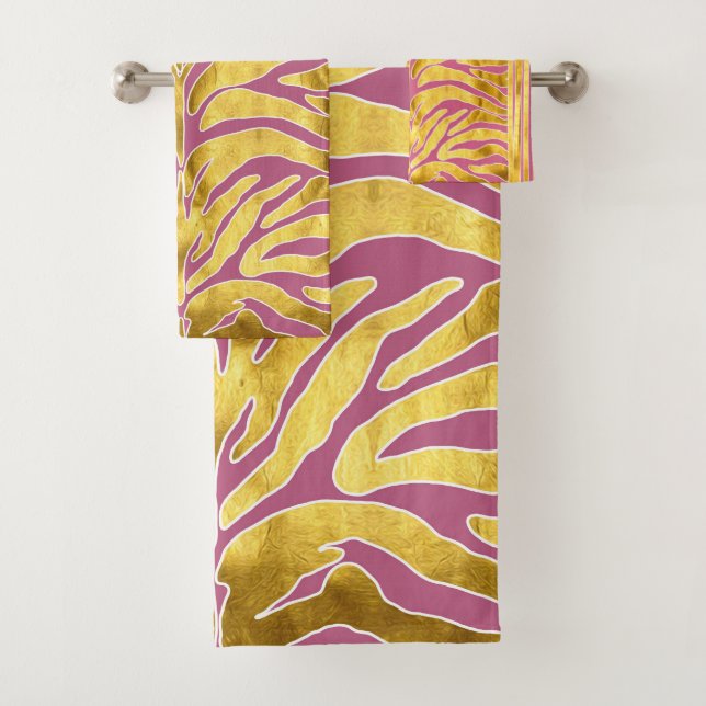Animal print, tiger stripes in gold, blush, white bath towel set (Insitu)