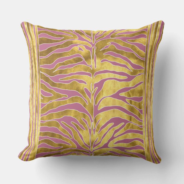 Animal print, tiger stripes in gold, blush, white outdoor pillow (Front)