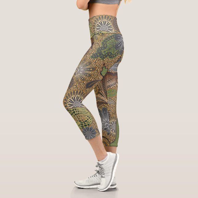 Animal Prints Sage and Gold Fantasy Paisley Capri Leggings (Left)
