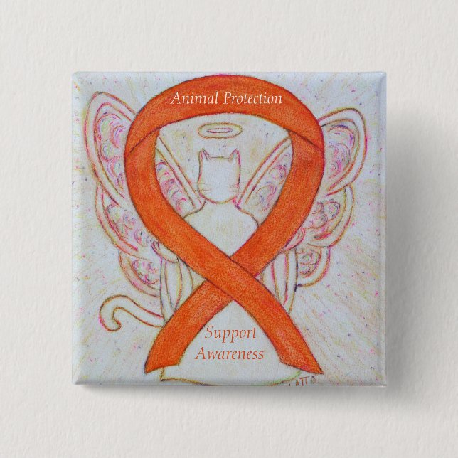 Animal Protection Orange Ribbon Cat Angel Art Pin (Front)