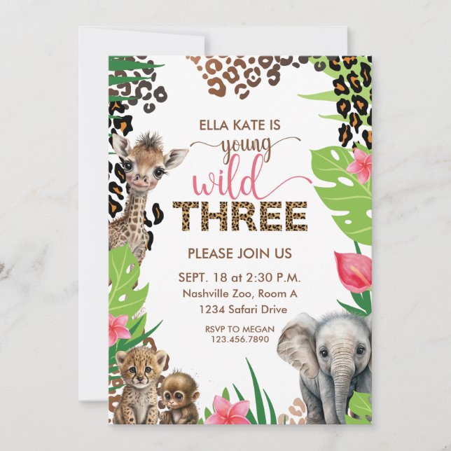 Animal Safari Third Birthday Young Wild and Three Invitation (Front)