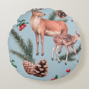animal sketch pattern with deer pine cones and twi round pillow