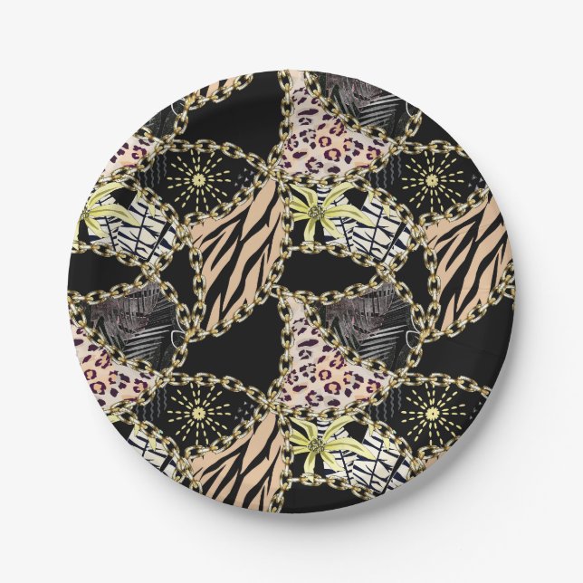 Animal skin, gold chains paper plate (Front)